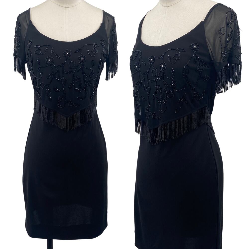 Vintage 90s Betsy & Adam Beaded Fringe Mini Dress Cocktail Bodycon Black XS